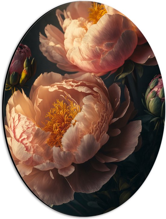 Dibond Ovaal - Licht roze dahlia bloemen met gele binnenkant en donkere achtergrond - 30x40 cm Foto op Ovaal (Met Ophangsysteem)