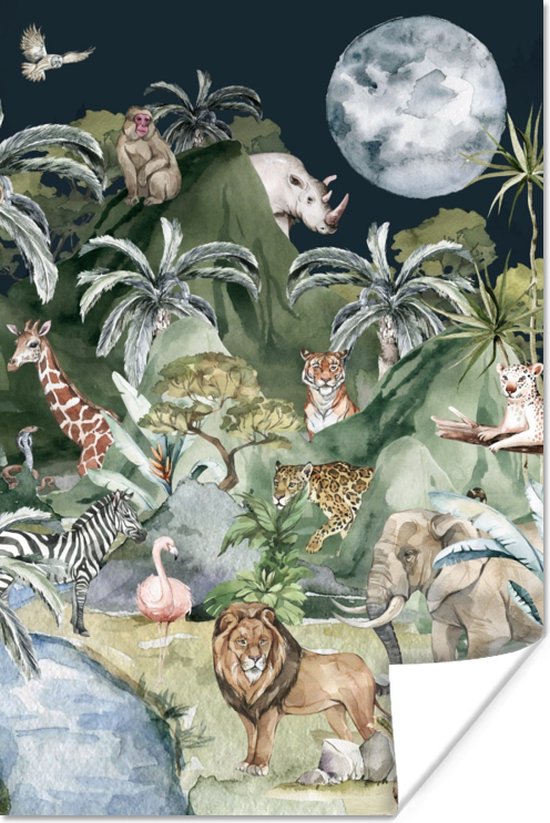 Poster kinderen - Kinderen - Jungle - Natuur - Dieren - Planten - Waterverf - Schilderij voor kinderen - Muurdecoratie kinderkamer - 60x90 cm - Kinder decoratie