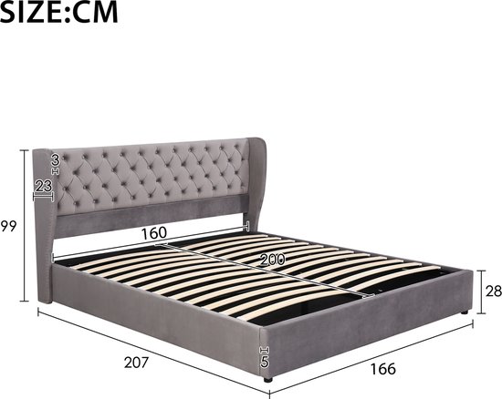 Volwassen bed 160x200 cm - Tweepersoonsbed met LED-verlichting en USB-oplader - grijs linnen - zonder matras