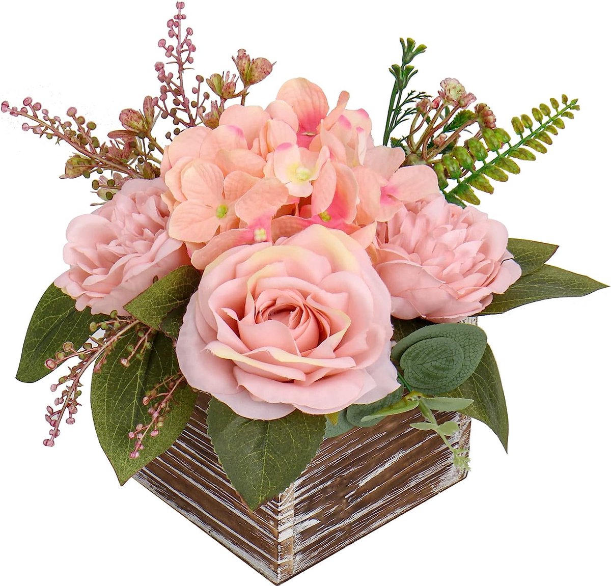 Oairse Hortensia Kunstbloemen In Houten Vaas - Realistische Pioenrozen En Chrysant Tafeldecoratie