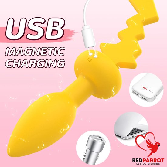 Gele vibrator met bliksemstaart, magnetisch USB oplaadbaar.