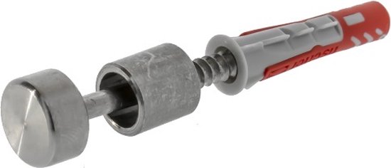 Eén roestvrijstalen afstandhouder met schroef en rode/witte plug op witte achtergrond.