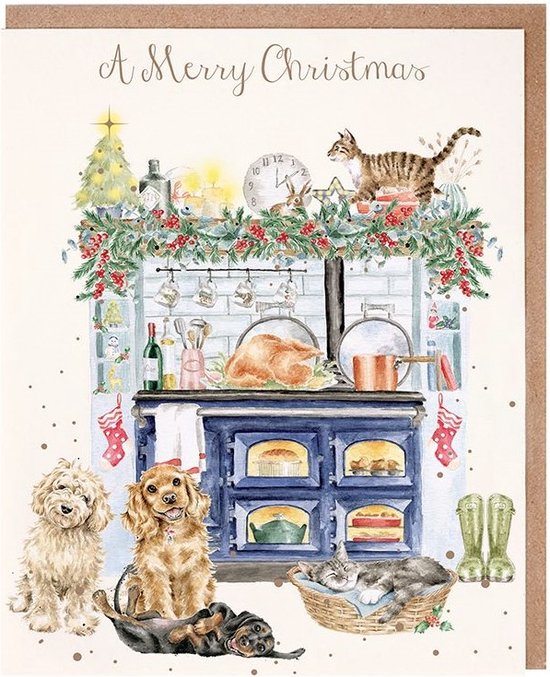 Foto: Wrendale kerstkaarten notepack 8 stuks the country christmas kitchen dog and cat christmas card pack