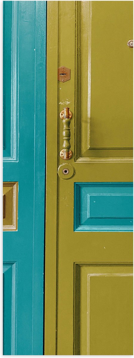 Poster (Mat) - Deur - Deurklink - Groen - Blauw - 20x60 cm Foto op Posterpapier met een Ma