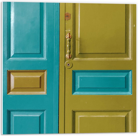 PVC Schuimplaat- Deur - Deurklink - Groen - Blauw - 50x50 cm Foto op PVC Schuimplaat