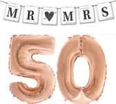 Mr and Mrs Always and Forever set 50 jaar rosé goud met slinger en folie ballonnen - jubileum - trouwen - huwelijk - 50 - rosé goud - slinger - folie ballon