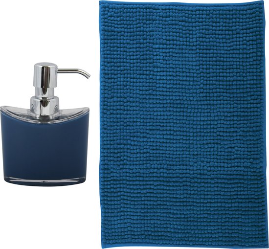 MSV badkamer droogloop mat - Bolzano - 40 x 60 cm - met bijpassende kleur zeeppompje - donkerblauw