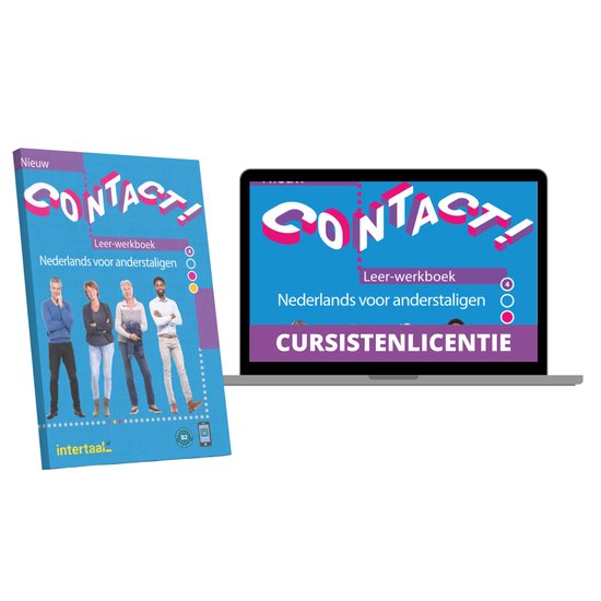 Nieuw CONTACT! Leer-werkboek Nederlands voor anderstaligen met vier personen op de voorkant en het boek op een laptop.