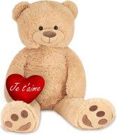 BRUBAKER - XXL Teddybeer 100 cm Beige met een Je T'aime Hartje Knuffel Pluche Knuffeldier - Moederdag cadeautje