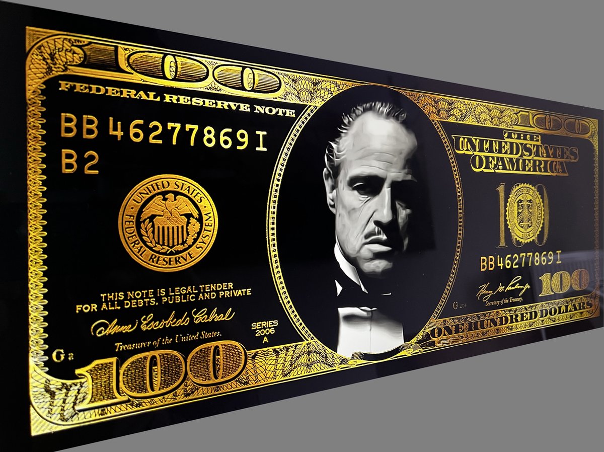 Aluminium dibond "The Godfather dollar gold" afmeting 160x70cm (mat uitstraling) "wanddecoratie gangster" - "schilderij" - "muurdecoratie woonkamer" - "canvas schilderij" - "interieurdesign" - "kunst aan de muur"