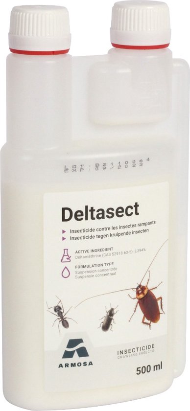 Wit Deltasect insecticide flesje van 500 ml met rode doppen. Het etiket toont een mier, kakkerlak en kever.
