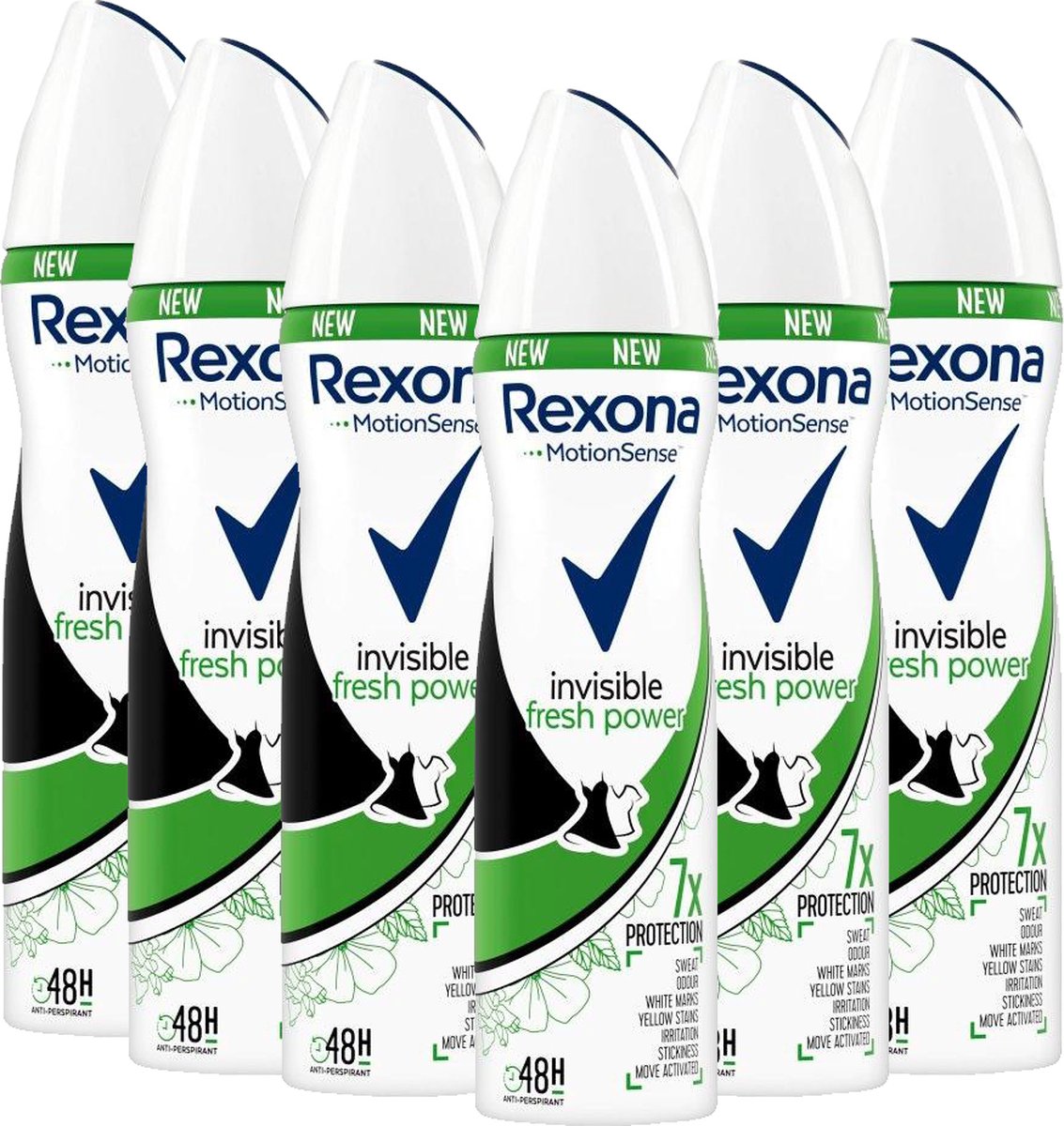 Goedkoopste Rexona Deodorant Spray Invisible Fresh Power - 6 x 150ml. - Voordeelverpakking - MotionSense