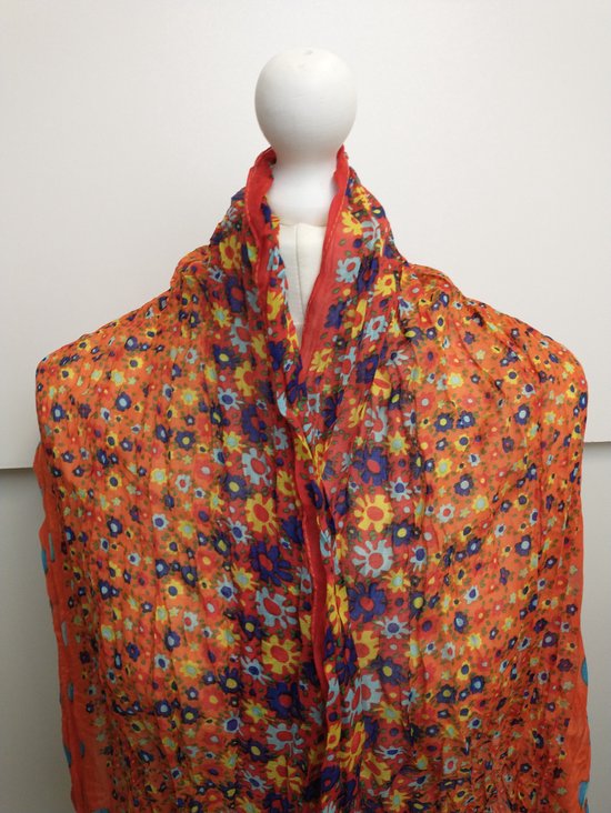 Lange dames sjaal Kalila gebloemd motief oranje blauw geel donkerblauw groen rood turquoise