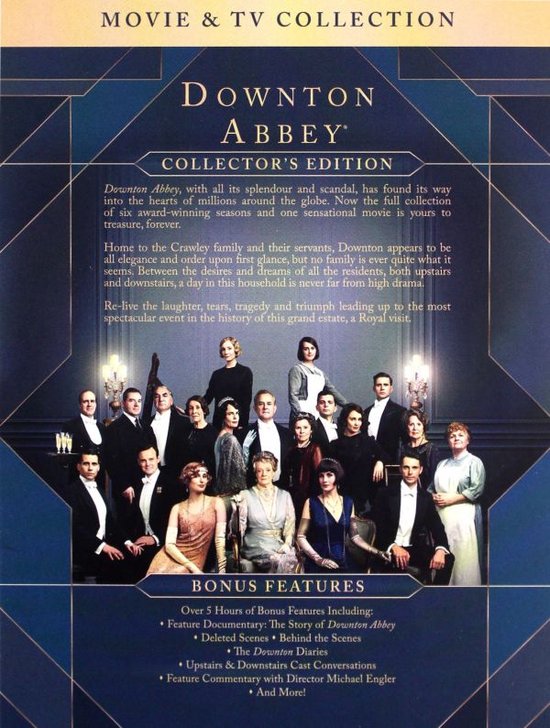 Achterkant Blu-ray collectie "Downton Abbey": Collector's Edition. Groep acteurs in kostuums, met tekst over bonusmateriaal.