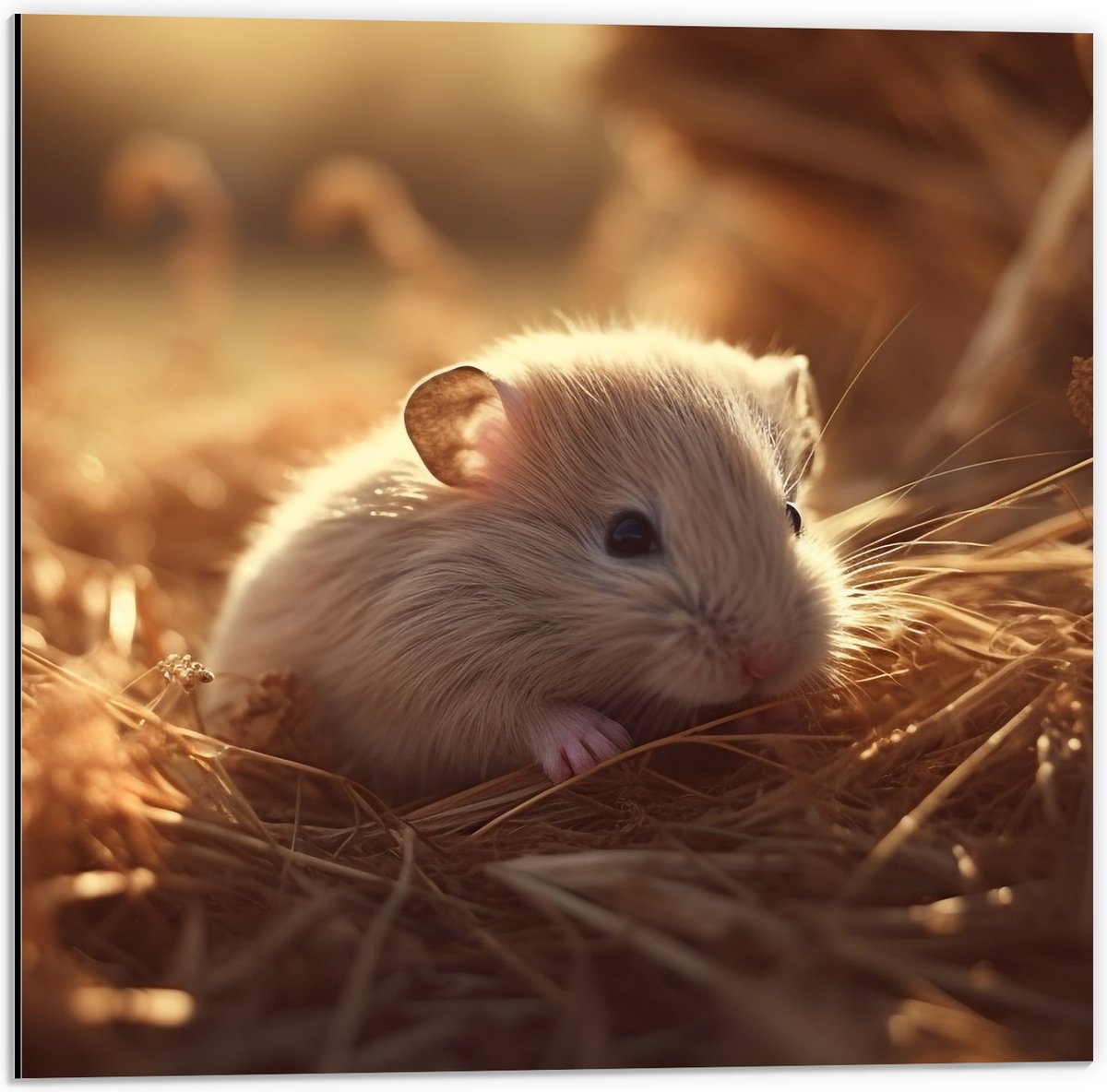 Dibond - Hamster - Baby - Stro - Grijs - 50x50 cm Foto op Aluminium (Met Ophangsysteem)