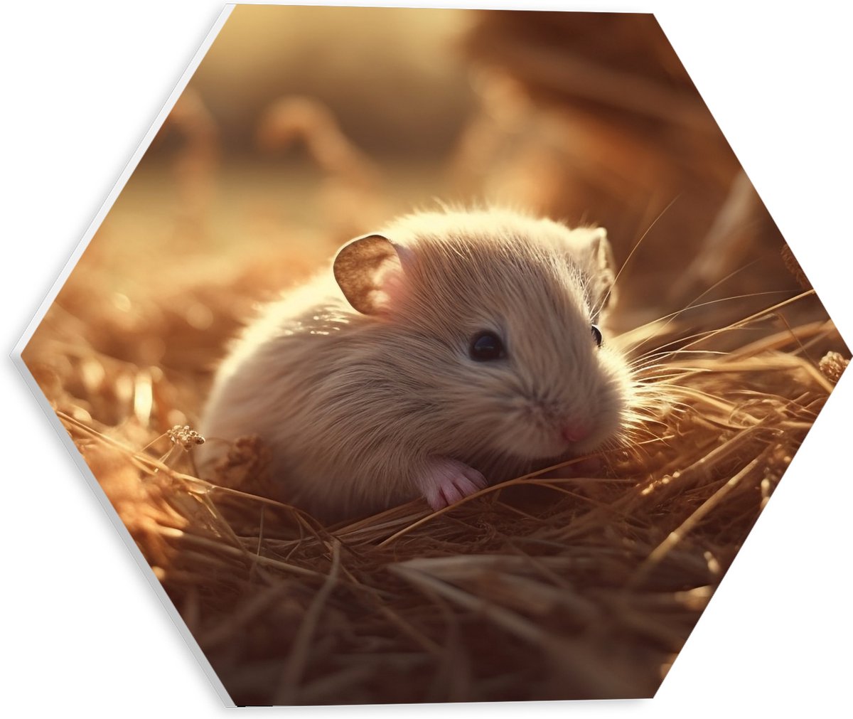 PVC Schuimplaat Hexagon - Hamster - Baby - Stro - Grijs - 30x26.1 cm Foto op Hexagon (Met Ophangsysteem)