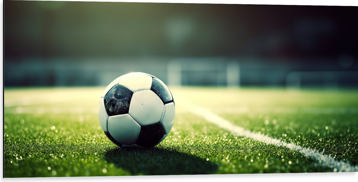 Dibond - Veld - Bal - Voetbal - Lijn - 100x50 cm Foto op Aluminium (Wanddecoratie van metaal)