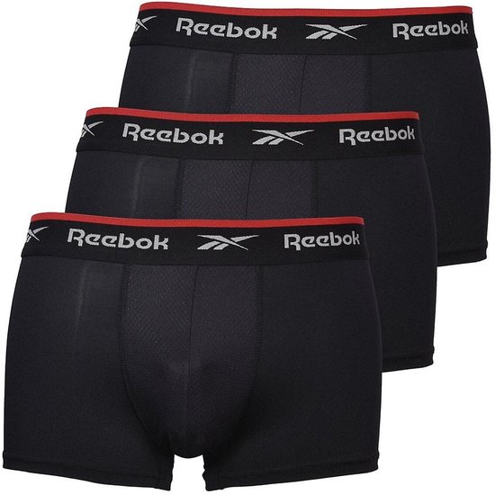 Drie zwarte boxershorts met rode en grijze Reebok band.