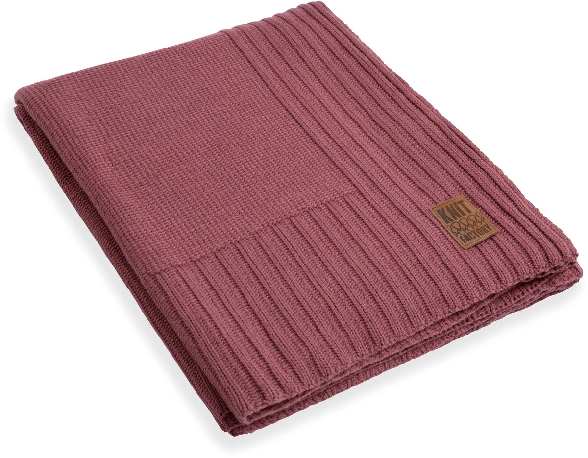 Knit Factory Uni Gebreid Plaid XL - Woondeken - plaid - Wollen deken - Kleed - Stone Red - 195x225 cm