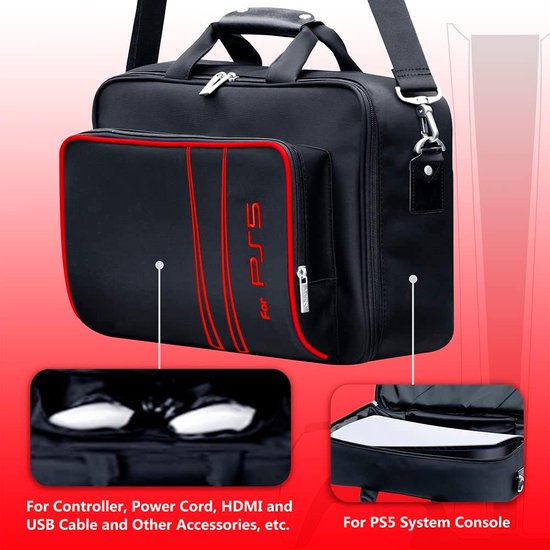 Equivera Premium Geschikt voor PS5 Tas - Met Gratis Controller Beschermhoes - Lichtgewicht - Water Resistent - Zwart & Rood - Geschikt voor PS5 Case - Geschikt voor PS5 Draagbare Tas - Reistas -
