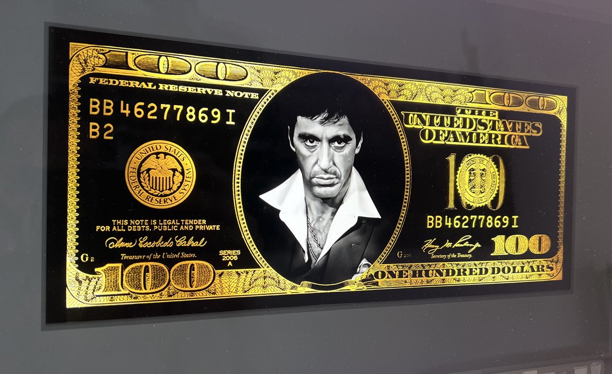 Plexiglas "Scarface dollar gold Tony Montana" afmeting 160x70cm "wanddecoratie gangster" - "schilderij" - "muurdecoratie woonkamer" - "canvas schilderij" - "interieurdesign" - "kunst aan de muur"