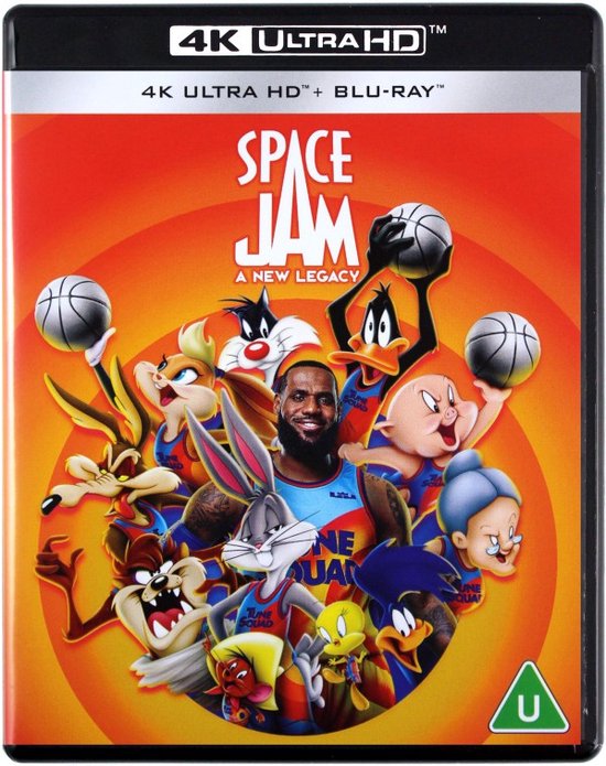 De voorkant van de Space Jam: A New Legacy 4K Ultra HD Blu-ray met LeBron James en de Looney Tunes.