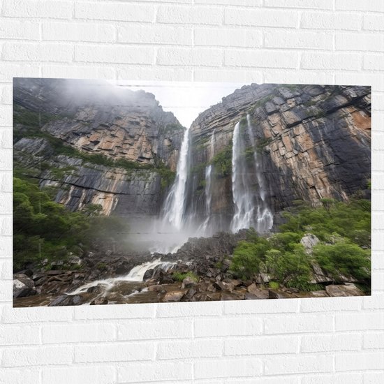 Muursticker - Rotsen - Waterval - Stenen - Bomen - 120x80 cm Foto op Muursticker