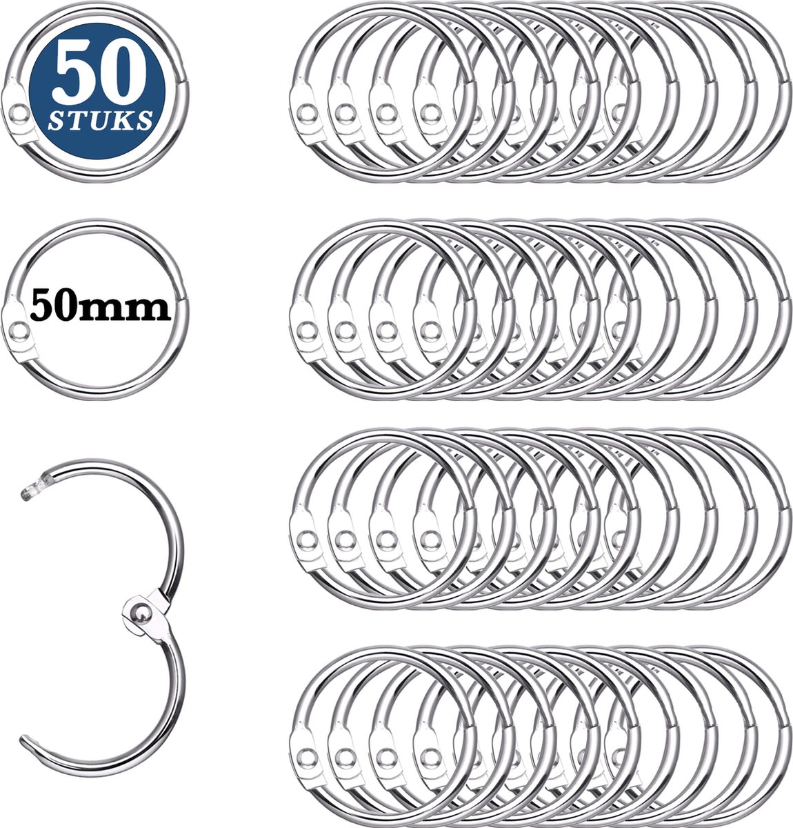50 Stuks Metalen 50mm Klikringen - Boekringen - DIY Cipiersring Sleutelringen - Flashcard Ringen - Sleutelhangers Maken Set - Sleutel - Splitringen voor Hobby & Sleutellabels - Keychain Keyrings - Sleutel Houder Knutselen - Boekbinden Gordijnringen