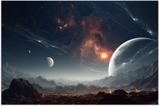 Poster Glanzend – Ruimte - Planeten - Lijnen - Kleuren - 105x70 cm Foto op Posterpapier met Glanzende Afwerking
