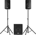 Een zwarte Vonyx subwoofer met twee actieve luidsprekers op luidsprekerstandaards.