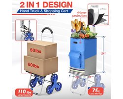 Shopping Trolley 2 in 1 Folding Shopping Trolley 75 L Capacity & Sack Truck Super Load 50 kg - Saving Work Stairs Climbing with Adjustable Tension Ropes, 3 Large Silent Wheels