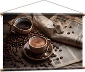 Textielposter - Koffie - Krant - Koffiebonen - Lepel - Kopje - 90x60 cm Foto op Textiel