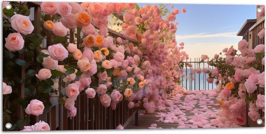 Tuinposter – Bloemen - Bladeren - Rozen - Hek - Roze - 100x50 cm Foto op Tuinposter (wanddecoratie voor buiten en binnen)