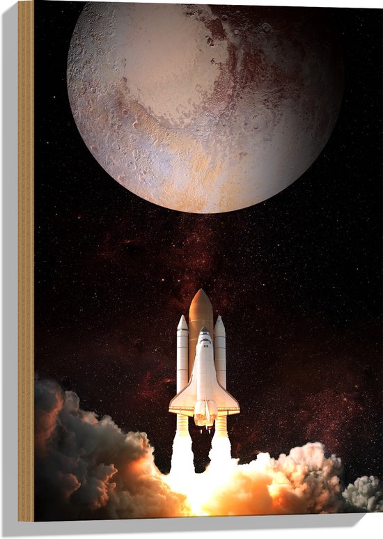 Hout - Wit met Oranje Raket onderweg naar Planeet - 40x60 cm - 9 mm dik - Foto op Hout (Met Ophangsysteem)