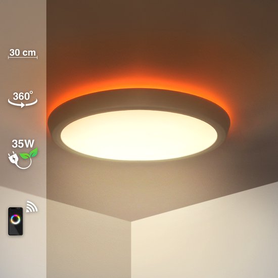 Slimme Plafondlamp - Gekleurd- en WitLicht - Opbouw - WiFi - Duo light - Applicatie en Stembediening - RGB+CCT - 35W - Boven en Onder Verlicht