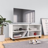- Meuble TV The Living Store - Meuble TV en bois traité - 90 x 35 x 35 cm - blanc - 4 compartiments ouverts - roues