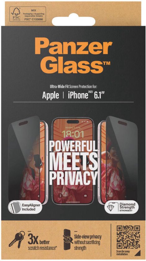 PanzerGlass - Screenprotector geschikt voor Apple iPhone 15 Glazen | PanzerGlass Ultra-Wide Fit Screenprotector Privacy - Case Friendly + Installatie Frame