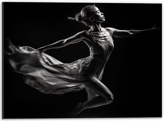 Dibond - Ballerina Meisje aan het Dansen (Zwart-wit) - 40x30 cm Foto op Aluminium (Wanddecoratie van metaal)