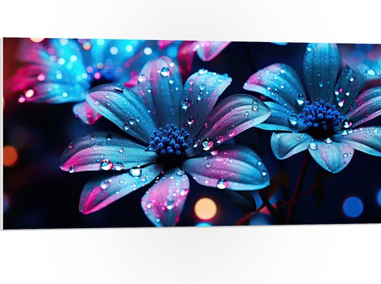 PVC Schuimplaat - Bloemen - Druppels - Blauw - Roze - 100x50 cm Foto op PVC Schuimplaat (Met Ophangsysteem)