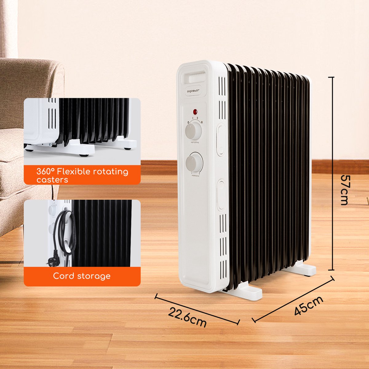 Aigostar Hubery 33ZDK - Oliegevulde radiator - Kachel - 3 Standen - Elektrische verwarming - 2500W - Wit – foto 3