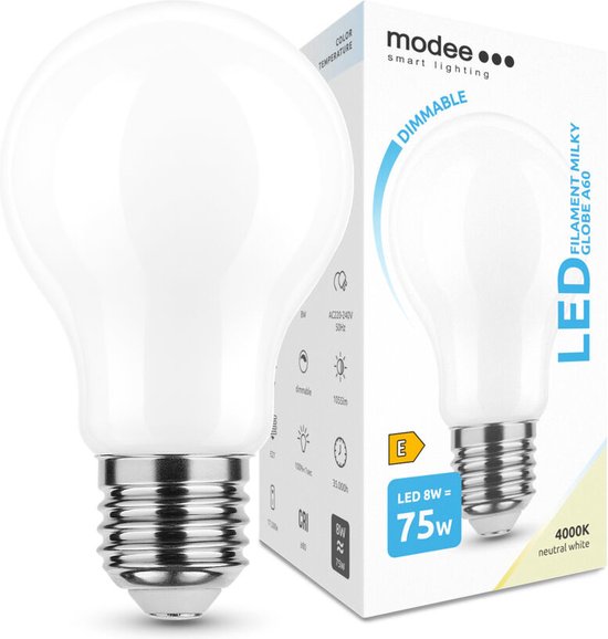 Modee Lighting - LED Filament lamp dimbaar - E27 A60 8W - 4000K helder wit licht - Melkglas