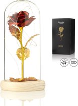 Rose de Luxe en Glas avec LED - Rose dorée sous cloche en Verres - Fête des mères - Connue de La Beauty et la Bête - Cadeau pour la mère de son amie - Rouge avec feuilles - Base lumineuse - Qwality