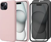 Hoesje geschikt voor iPhone 15 - Privacy Screen Protector FullGuard - Back Cover Case SoftTouch Roze & Screenprotector