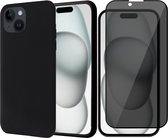 Hoesje geschikt voor iPhone 15 - Privacy Screen Protector FullGuard - Back Cover Case SoftTouch Zwart & Screenprotector
