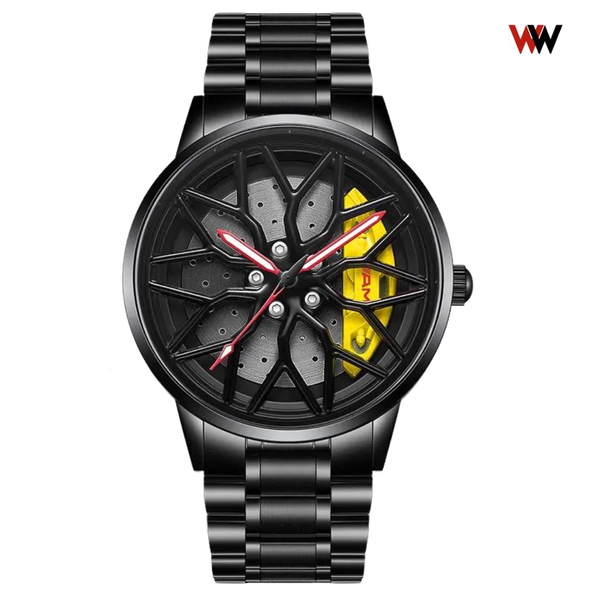 WielWatch - Horloge AMG geel draaibaar - Sportauto - Horloges met stalen band- Herenmode - Velghorloge - Cadeau mannen - Autovelg - Autoliefhebber - horloge jongens