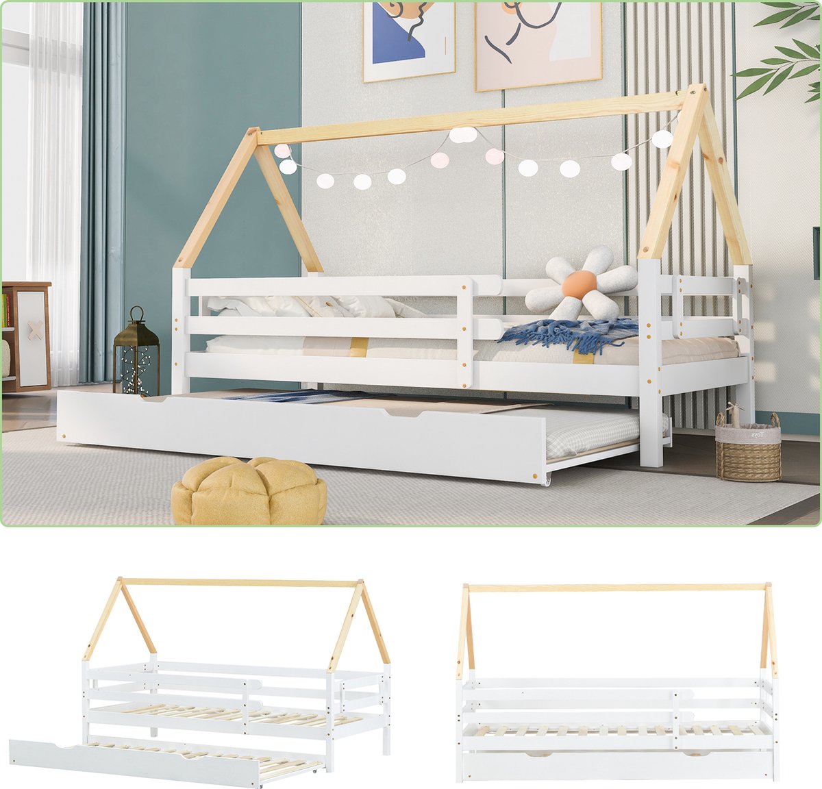 Boomhutbed, dagbed, 1-persoonsbed, kinderbed, uitschuifbaar bed, uitschuifbaar bed met wielen onder, massief hout, wit bed, naturelkleurig dakspant (200x90cm)