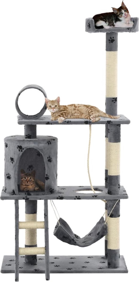 The Living Store Kattenkrabpaal – Grijs – 140 cm hoog – Basis 70 x 35 cm – Met hangmat – ladder en klimtouw