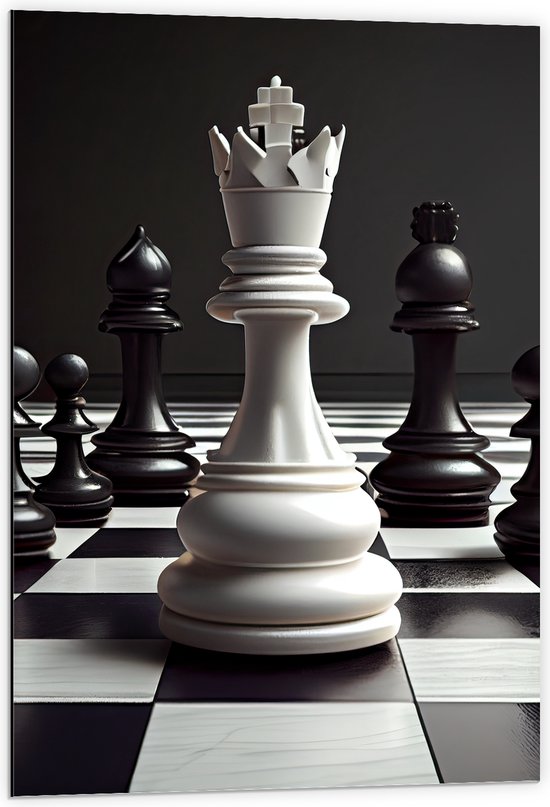 Dibond - Zwarte Schaakstukken om Witte Koning op Schaakbord (Zwart-wit) - 60x90 cm Foto op Aluminium (Met Ophangsysteem)