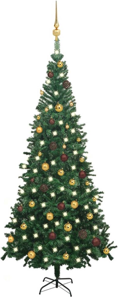 The Living Store Kerstboom 240cm - PVC - 10 lagen - 1.300 takken - LED verlichting - groen - inclusief standaard en decoraties