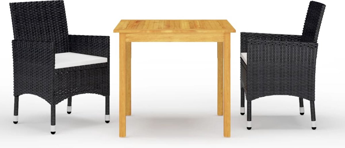 Tuinset met zwarte Acacia houten tafel en rattan stoelen.